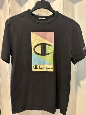 Champion Black Tee with Pastel Pink, Yellow, Green & Blue Block Logo Medium